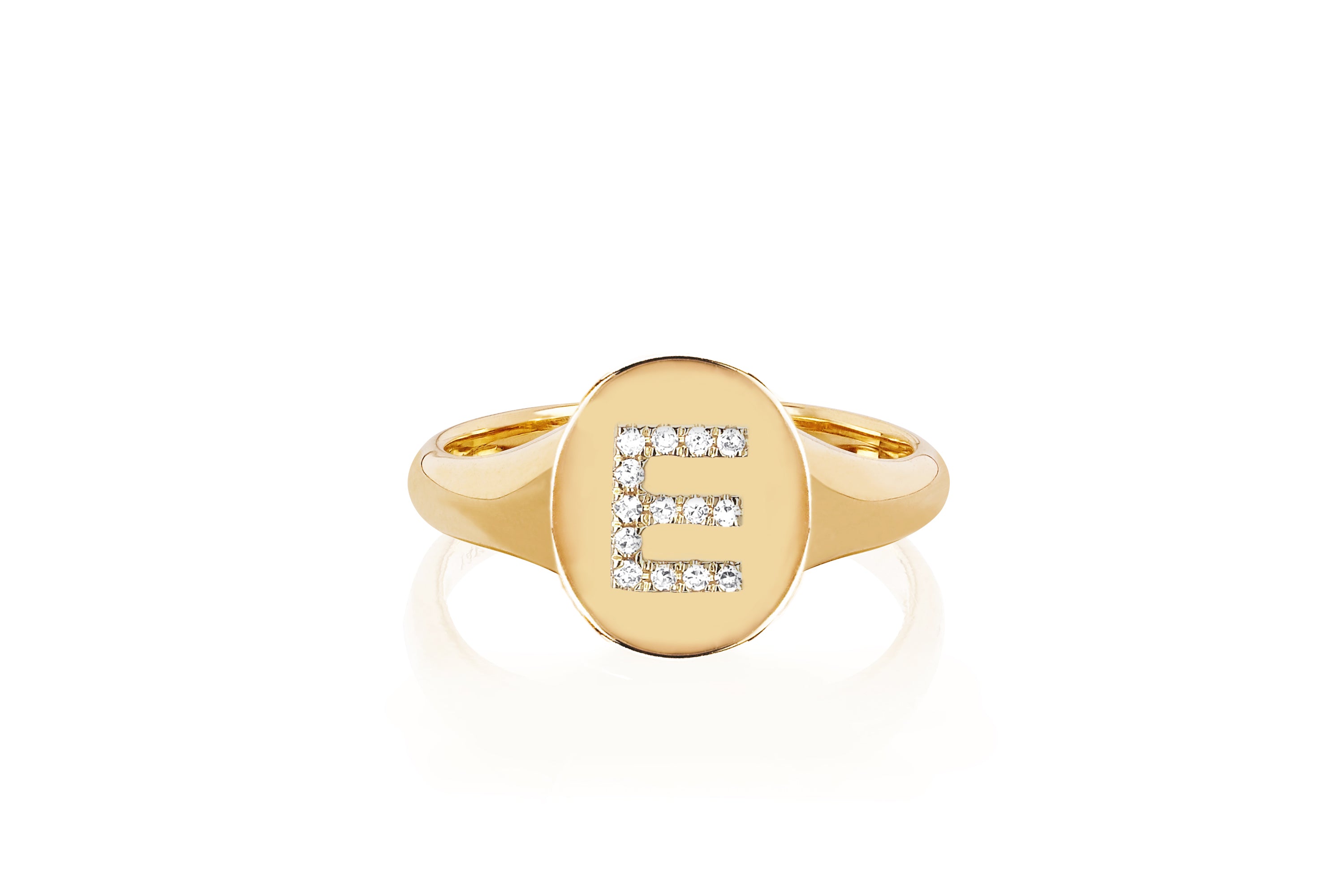 Gold Oval Signet With Diamond Initial Ring