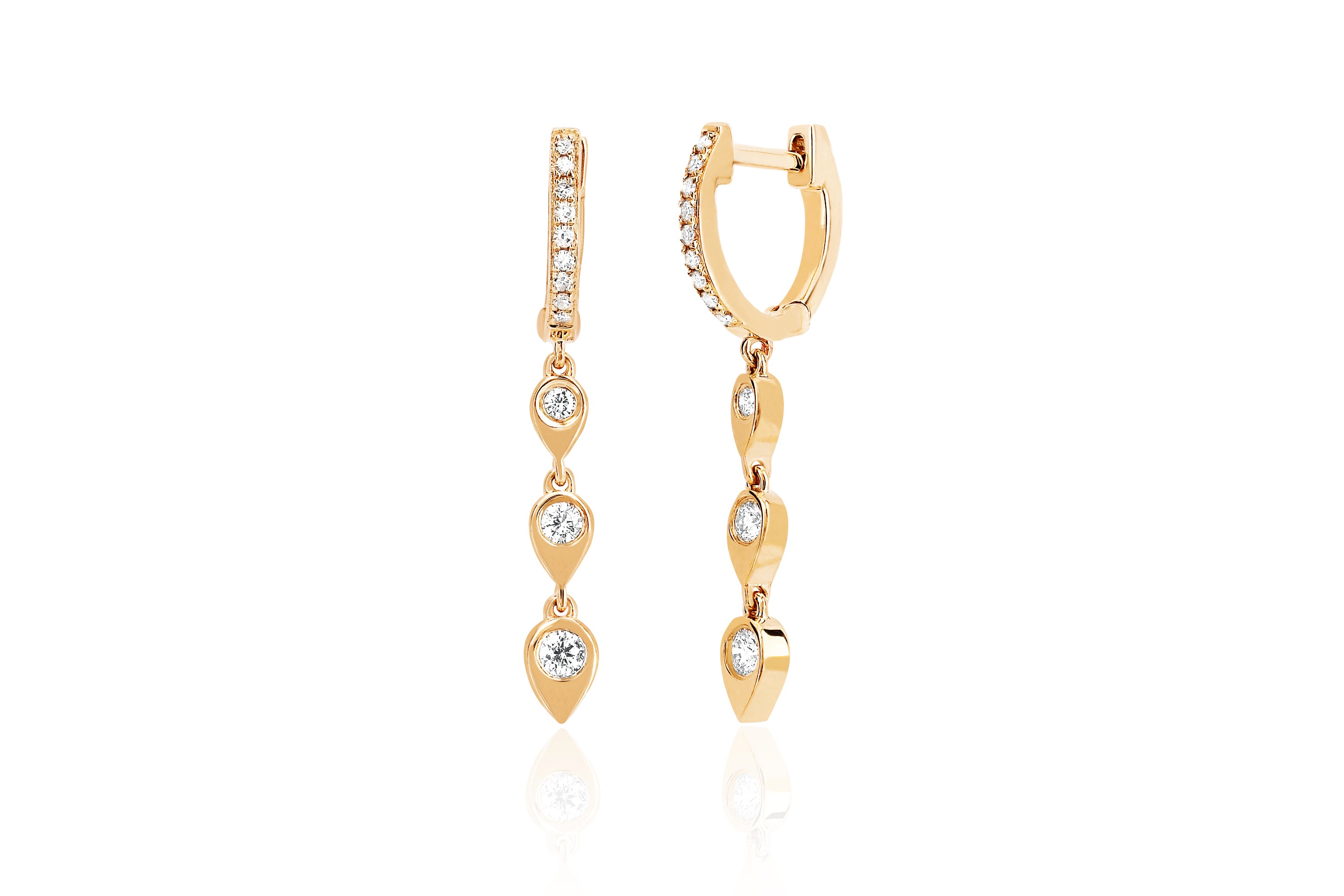 Diamond Huggie With Three Gold & Diamond Teardrop Drop Earring